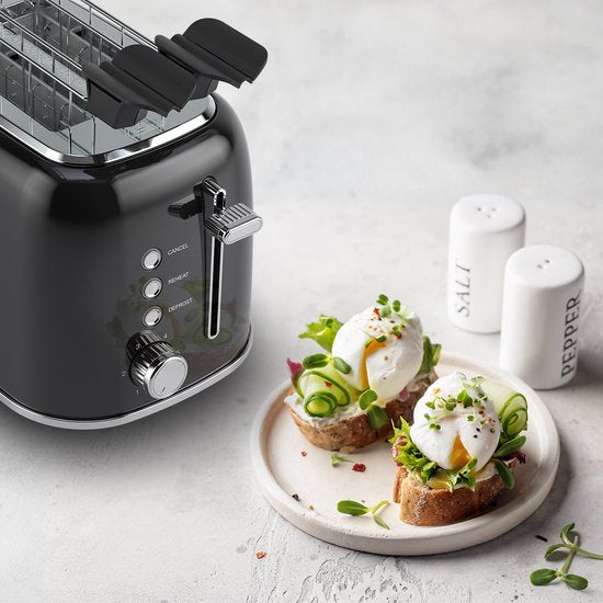 KitchenBrothers Toaster - Mit Toasty Clamps - 6 Heizstufen - Breite Schlitze - 870W - Schwarz