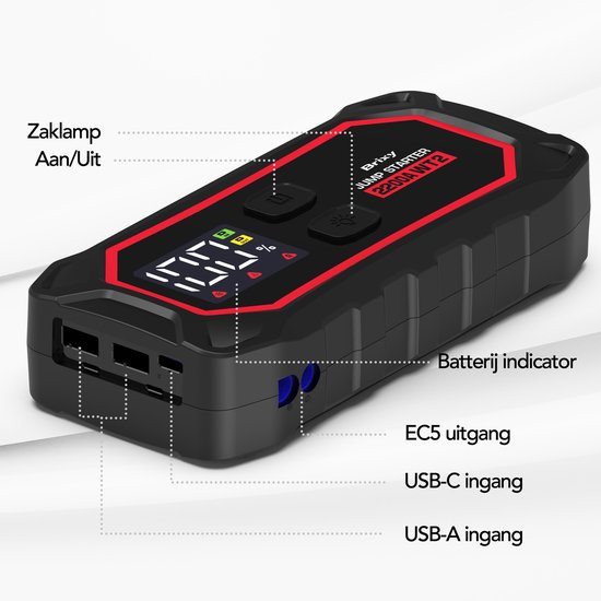Brixy Jumpstarter für Auto - 2200A / 16.000 mAH - 4-in-1 Starthilfe - LED-Taschenlampe, SOS-Notlicht und Powerbank - Rot/Schwarz