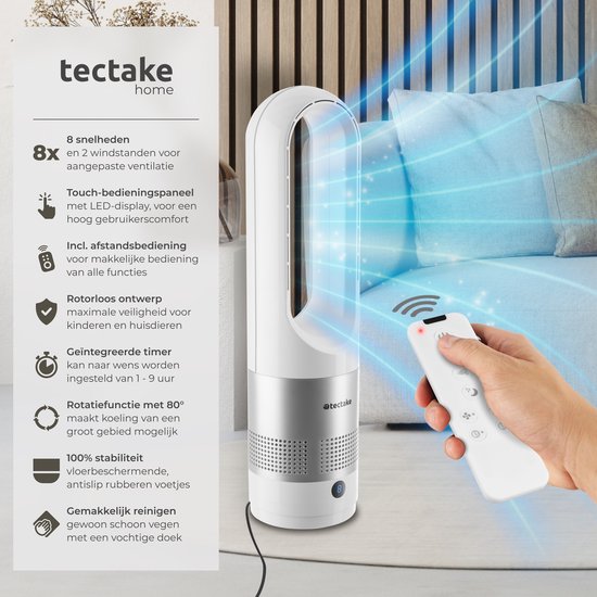 tectake® Turmventilator Polar - Säulenventilator inklusive Fernbedienung - 8 Geschwindigkeitsstufen und Timer - 80° Rotationsfunktion - Leiser Ventilator (35-55dB) - Standventilator mit LED-Bedienfeld - 55,5 cm hoch - Luftkühler - Weiß