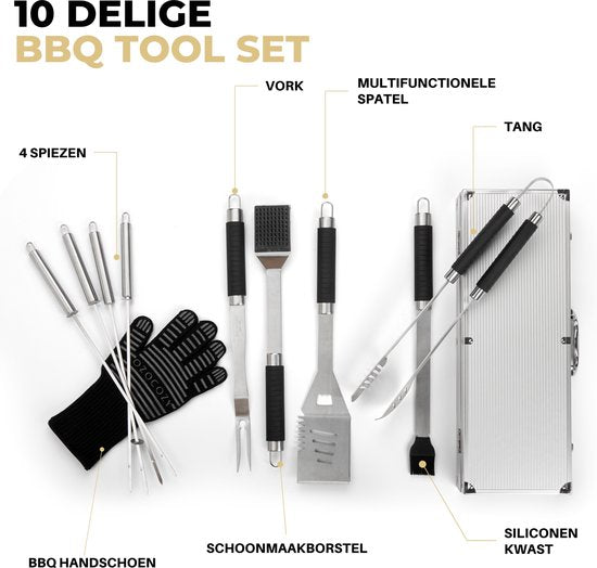 Ozocozy Grillzubehör - 10-teilig - Grillwerkzeug und Grillhandschuh - Aluminiumkoffer - Geschenk für den Mann