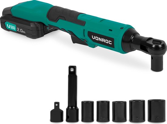 VONROC Accu-Ratschenschlüssel - 20V - 50Nm - 3/8" - inkl. 8-teiligem Steckschlüsselsatz - Inkl. 2.0Ah Akku und Schnellladegerät - auch für den manuellen Einsatz - ideal für schwer zugängliche Schrauben und Muttern.