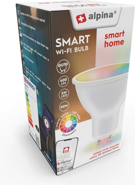 alpina Smart Home RGB Lampe - GU10 - 5W - WW + RGB - Intelligente Beleuchtung - LED - App Steuerung - Sprachsteuerung - Amazon Alexa - Google Home