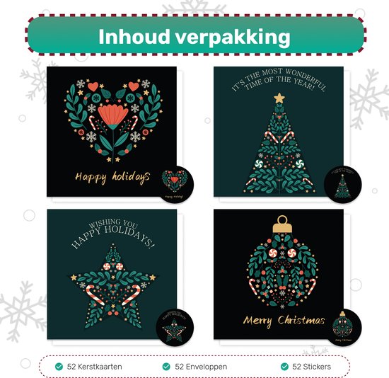 Giftmas Weihnachtskarten - Grußkarten - 52 Stück - Mit Umschlägen und Aufklebern - 10x10cm