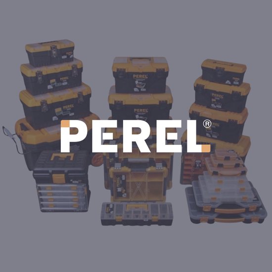 Perel-Sortimentsbox, max. 20 Fächer, 16 Trennwände, transparenter Deckel, stapelbar, 326 x 257 x 48 mm, gelb/schwarz