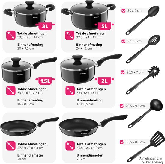 tectake Pfannenset 15-teilig - Aluminium mit Glasdeckeln - Inklusive Utensilien - Schwarz