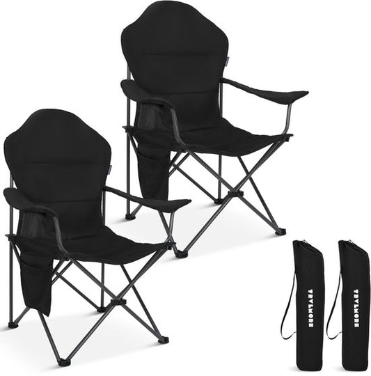 TRVLMORE Campingstühle XXL - klappbar - 2er-Pack - 160KG Tragkraft - Inkl. Tragetasche - Klappstuhl - Angelstuhl - Campingstuhl - Klappstuhl - Schwarz