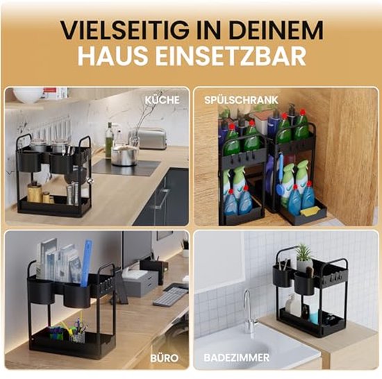 HELDENWERK - Spültischorganisation & Küchenorganisation - 2 Stück - Schwarzer ABS-Kunststoff - Ausziehbar mit 2 Ebenen - Für Küche & Bad - Inklusive Haken & Tabletts - Maximaler Stauraum
