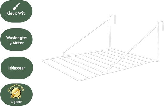 BRASQ Wäscheständer hängend weiß - 5 Meter - Wäscheständer für Tür und Balkon - Faltbarer Wäscheständer - Wandtrockengestell - Hängendes Trockengestell - 53x71x27 cm