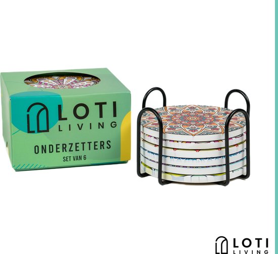 Loti Living Untersetzer mit Halter - Untersetzer Design - Untersetzer Kork - Untersetzer Set - Untersetzer für Gläser - 6 Stück - Mandala Design