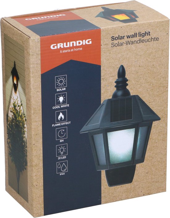 Grundig Solar-LED-Wandleuchte mit Flammeneffekt & Kaltweiß – 2 Modi – Solarbetrieb – IP44 – 6–8 Stunden