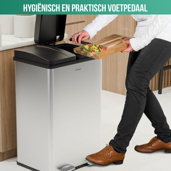 Avalo Mülleimer Abfalltrennung 60 Liter - Edelstahl Silber - 2 Fächer - Umweltbewusst, Hygienisch & Fingerabdruckfrei - Treteimer / Mülleimer
