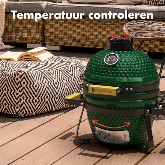 KitchenBrothers Kamado BBQ - 13 Zoll Holzkohlegrill - 27⌀ cm - PFAS-frei - Deluxe Set - Eiergrill mit Zubehör inklusive Abdeckung - Grün