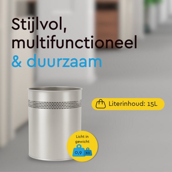 BRASQ Mülleimer Metall Büro/Haushalt - Mülleimer - Abfalleimer - Papierkorb - Rund - Mülleimer - Silber 15 Liter