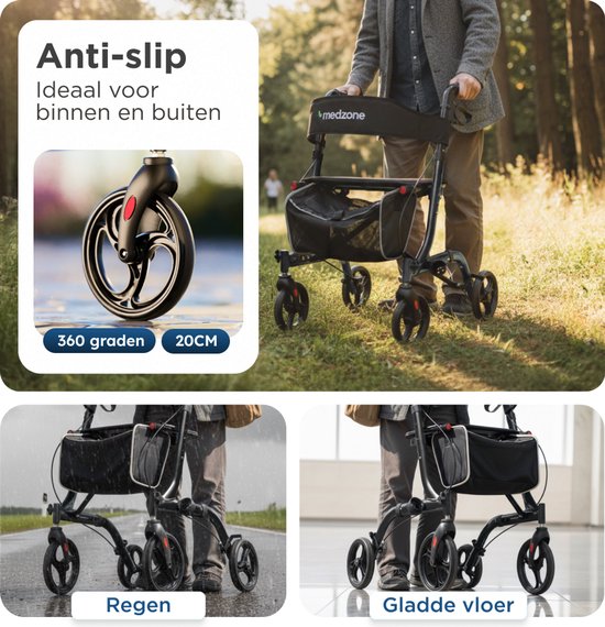 Medzone Rollator leicht und faltbar - für drinnen und draußen - Sitzfunktion - Rückenlehne und Gehstockhalterung - Schwarz