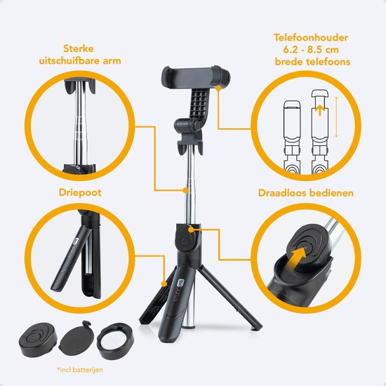 Studio ME - 3-in-1 Selfie Stick & Stativ - 19 bis 70 cm - Mit Bluetooth-Fernbedienung - Universelles Telefonstativ - Kompakt & Tragbar - Schwarzer Kunststoff & Edelstahl