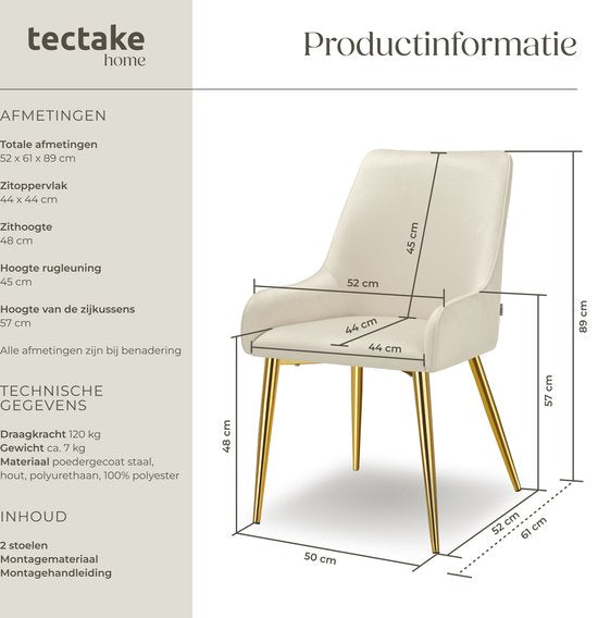 tectake - Esszimmerstuhl Avane - Samtoptik - Ergonomischer Polsterstuhl mit goldenen Stahlbeinen - Belastbarkeit 120 kg - Moderner Esszimmer- und Küchenstuhl - 2er Set - Beige