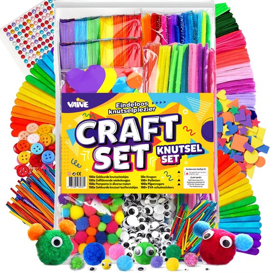 Vaive Bastelset 800-teilig - Basteln Mädchen & Jungen - Perlen, Federn, Pompons & Wackelaugen - Bastelkoffer - Bastelwerkzeug - Bastelsets