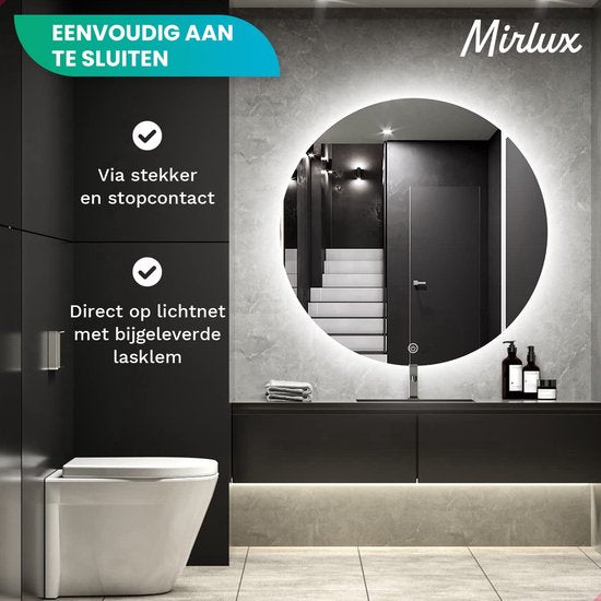Mirlux Badezimmerspiegel mit LED-Beleuchtung & Heizung - Wandspiegel rund - Anti-Kondensations-Duschspiegel - 60CM