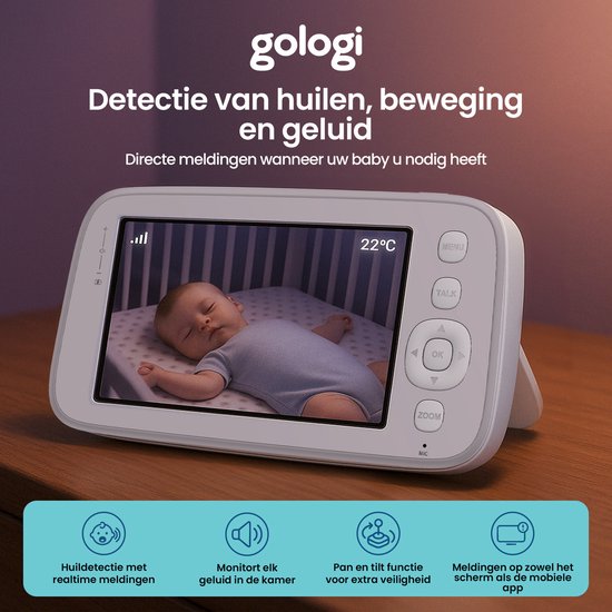 Gologi Babyphone mit Kamera - Babyphone - Babykamera - Ferngesteuert über App und Bildschirm - Weiß