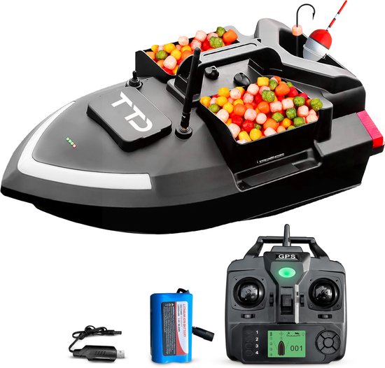 TTD® Premium GPS Futterboot zum Karpfenangeln - 500 Meter Reichweite - Tempomat - Hakenfreigabe - 40 GPS-Positionen - Drei Futterbehälter - 2 kg Kapazität - 12000 mAh Akku - Angelboot - Karpfenboot - Angelboot