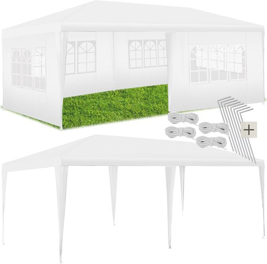 tectake® Pavillon Novara - Partyzelt 3x6 m - Wasserdichte Plane mit 5 abnehmbaren Seitenwänden - Wetterfester Gartenpavillon - Inklusive Spannleinen und Heringe - Weiß