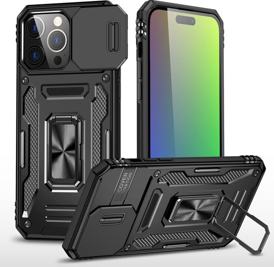 Podec Case passend für iPhone 15 Pro Schwarz Phone Case - Anti-Shock Case Cover Hybrid Armor Case mit Kickstand Ring mit Displayschutzfolie