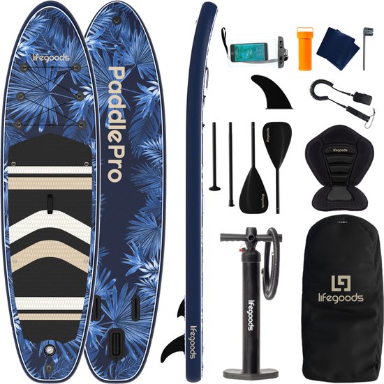 LifeGoods PaddlePro SUP Board - mit Sitz - Aufblasbares Paddle Board - Komplettset - Max. 150KG - 320x81cm - Tropisch Blau