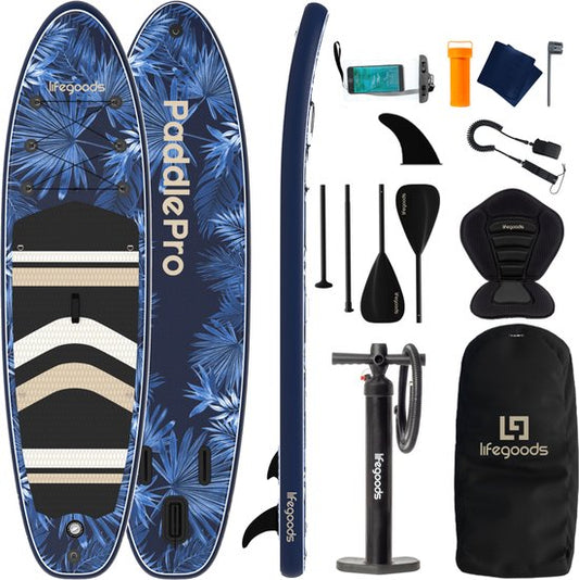 LifeGoods PaddlePro SUP Board - mit Sitz - Aufblasbares Paddle Board - Komplettset - Max. 150KG - 320x81cm - Tropisch Blau