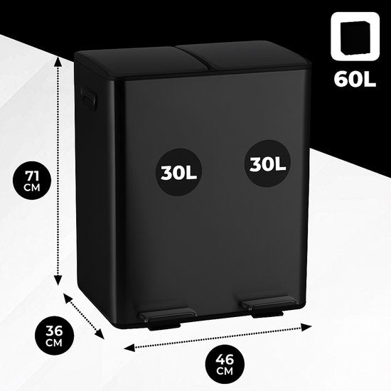 Bayt Mülleimer - Mülleimer 60 Liter (2x30) - Mülleimer 60 Liter - Treteimer 60 Liter - Mülleimer Mülltrennung - Mülleimer 2 Fächer - Mülleimer - Edelstahl - Schwarz