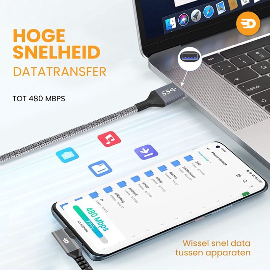 Drivv. USB-auf-USB-C-Kabel - Gewinkelt - Modell 2024 - USB-C-Daten- und Ladekabel - Schnelles Laden / Schnelles Aufladen - 1,5 Meter kurz - Geeignet für Samsung, iPhone 15 und mehr - Grau