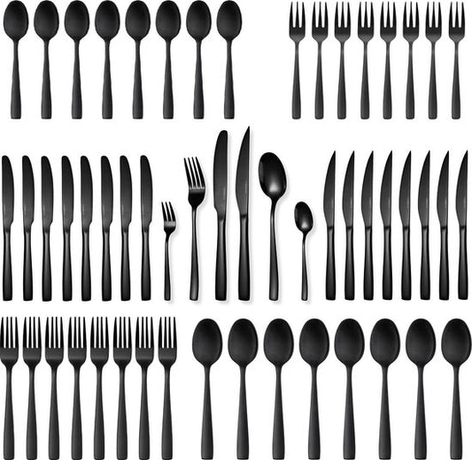 Deleca 12 Personen Besteck-Set Essential (72 Teile) - Löffel, Messer, Gabeln, Steakmesser & Kuchengabeln - Spülmaschinenfestes Besteck - Glänzend Schwarz / Edelstahl