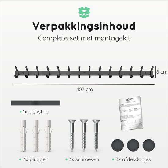 Volcan Wandgarderobe - 28 Haken - Wandgarderobe zum Aufhängen mit 3M-Band - Industriell - Schwarzer Edelstahl