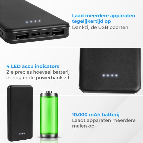 Nuvance - Powerbank 10000 mAh - Schnellladegerät - Kompaktes Design - 2x USB, USB-C & Micro USB - Universal Powerbanks für Smartphones, Tablets & Gadgets - Externer Akku - Schwarz