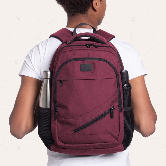 TRVLMORE Rucksack mit Lifetime - Rucksack mit 15.6 Zoll Laptopfach - Schultasche - spritzwassergeschützt - Männer und Frauen - Jungen und Mädchen - 28L - Burgunderrot