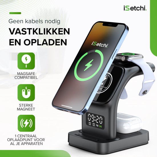 iSetchi MagSafe 5-in-1 Wireless Charger (15W USB-C Schnellladegerät) - Mit LED-Lampe, Digitaluhr & Weckfunktion - Geeignet für iPhone, Apple iWatch & Airpods - Wireless Qi Station - GSM Ladegerät