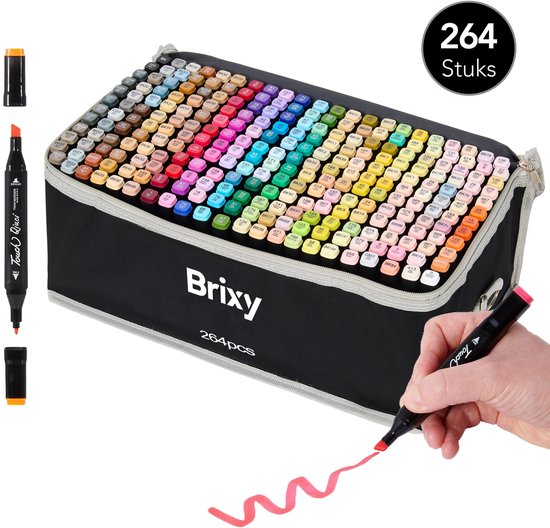 Brixy Twinmarkers 264 Stück - Professionelle Alkoholmarker - Doppelseitige Spitze - Marker - Aufbewahrungstasche mit Halterung