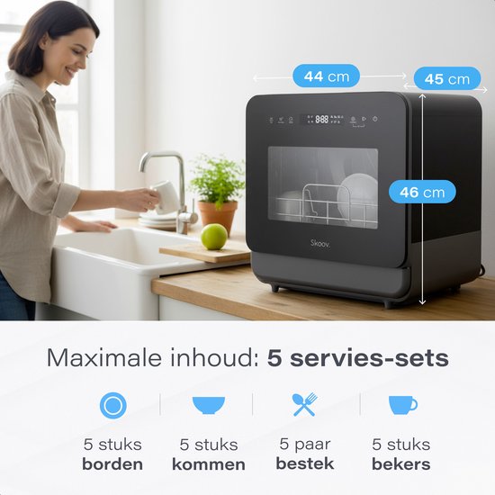 Skoov Mini-Geschirrspüler - Mit Wassertank - Bis zu 3 Geschirrsets - 6 Spülprogramme - Kleiner schmaler freistehender Geschirrspüler - Camping - Schwarz