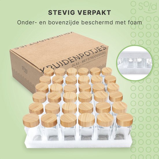 S.old - 36 Glasgewürzdosen quadratisch mit Bambusdeckel - Gewürzstreuer - Komplettset mit Streudeckeln, vorgedruckten Aufklebern und Trichter - Fassungsvermögen 120 ml - 10,5 x 4,3 cm
