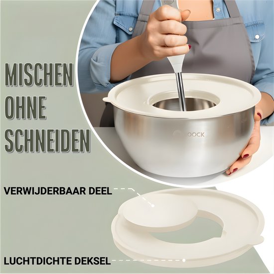 COOCK Edelstahl Rührschüsselset mit Deckel - Bratschüsseln mit Deckel - Vorratsschüssel mit Reibe - Schüssel für Salate & Mischungen - 22-teiliges Set 1,5 bis 5 Liter - Beige - inkl. Messlöffel
