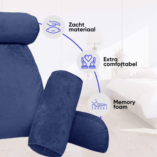 Q-Living XXL Lesekissen mit extra Nackenrolle - Relaxkissen - Sitzkissen - Rückenstütze - Lesekissen fürs Bett - Blau