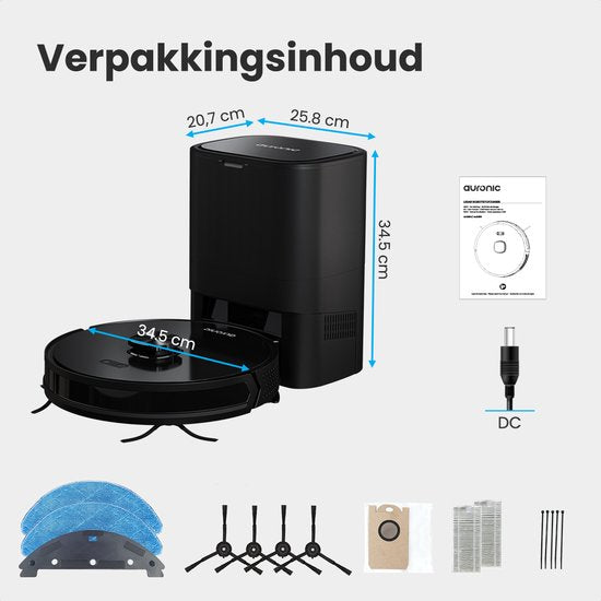 Auronic Staubsaugerroboter - mit Wischfunktion - WiFi und App - Ladestation - Haustiere - Wischroboter - Lasernavigation - automatische Entleerungsstation - Schwarz