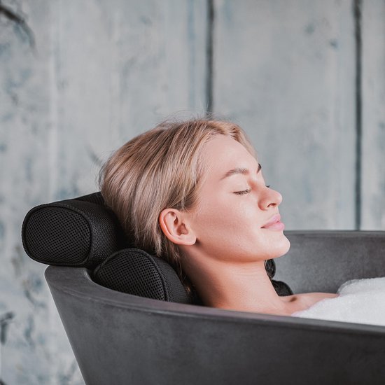 RelaxTub® Badekissen - Nackenkissen Bad - Badekissen für die Badewanne - 6 starke Saugnäpfe - Anti-Rutsch - Wasserdicht - Kopfstütze Bad - Für Kopf, Nacken und Schultern - Badekissen Schwarz