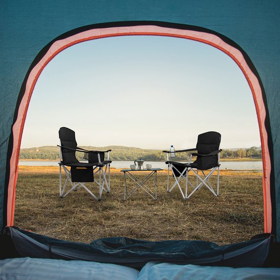 TRVLMORE Campingstuhl - Zusammenklappbar - Komfort - 150 kg Belastbarkeit - Getränkehalter - Kühlfach - Seitentasche - Schwarz