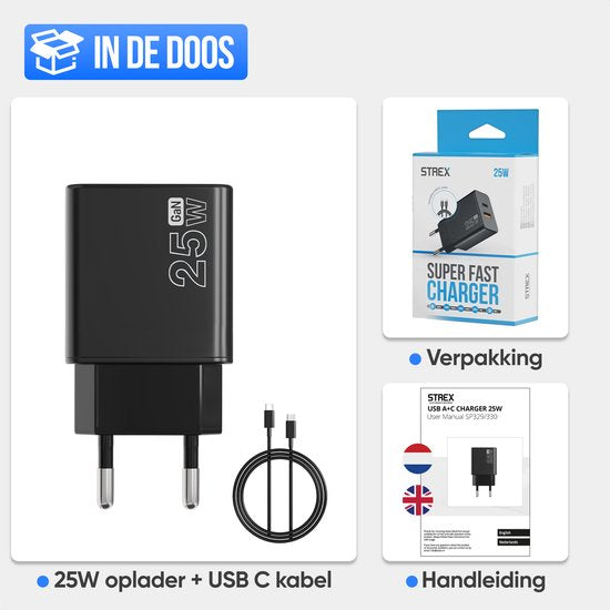 Strex USB-C & USB-A Schnellladegerät 25W - GaN-Ladegerät mit PD 3.0 & QC 3.0 - inkl. USB-C Kabel - Schwarz