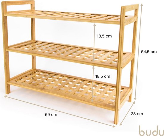 Budu Schuhregal (3 Ebenen) - Schuhregal Bambus - Schuhschrank Holz - Schuh-Organisator