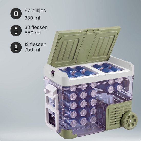 Auronic Electric Cool Box - Kompressor - 2 Zonen - 45L - 12/24V und 240V - Kühlen und Gefrieren - Campingkühlschrank - Frigobox Auto - Mit Rädern und Griff - Grün