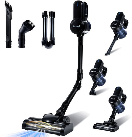 Saaf G80 Stick Staubsauger - 150W - Stick Staubsauger Cordless - Bagless Staubsauger - 7-teiliges Set mit biegbarem Griff - 22kPa - Dustbuster - Schwarz
