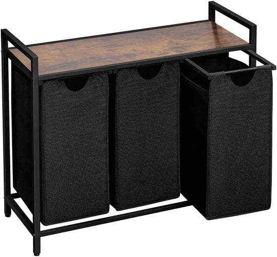 Brixy Wäschekorb 3 Fächer - Wäschesortierer - ausziehbar - Wäschebox aus Metall - 117L Kapazität - 90 x 33 x 70 cm - Schwarz/Braun