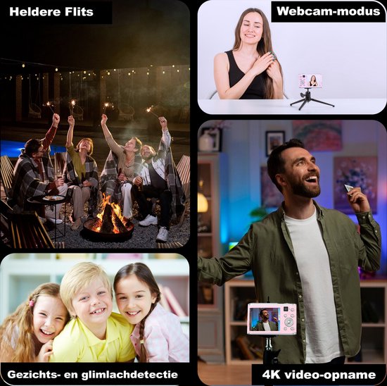 K&L Digitalkamera 4K - Fotokamera - Fotokamera - Kompaktkamera - Vlog-Kamera - Für Kinder - Inklusive 64GB - NL Software - Pink