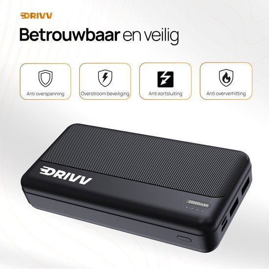 Drivv. Powerbank 20.000 mAh - Inklusive 100-W-Ladekabel - 22,5-W-Schnellladegerät - Quick Charge USB 3.0 - USB C - Geeignet für iPhone, Samsung und mehr